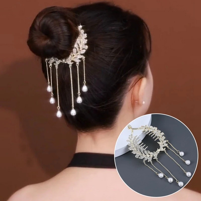 Mewah Berlian Imitasi Mengkilap Rumbai Ponytail Clip Hair Clip Vintage Pearl Hair Clip Bridal Hiasan Kepala Hiasan Rambut