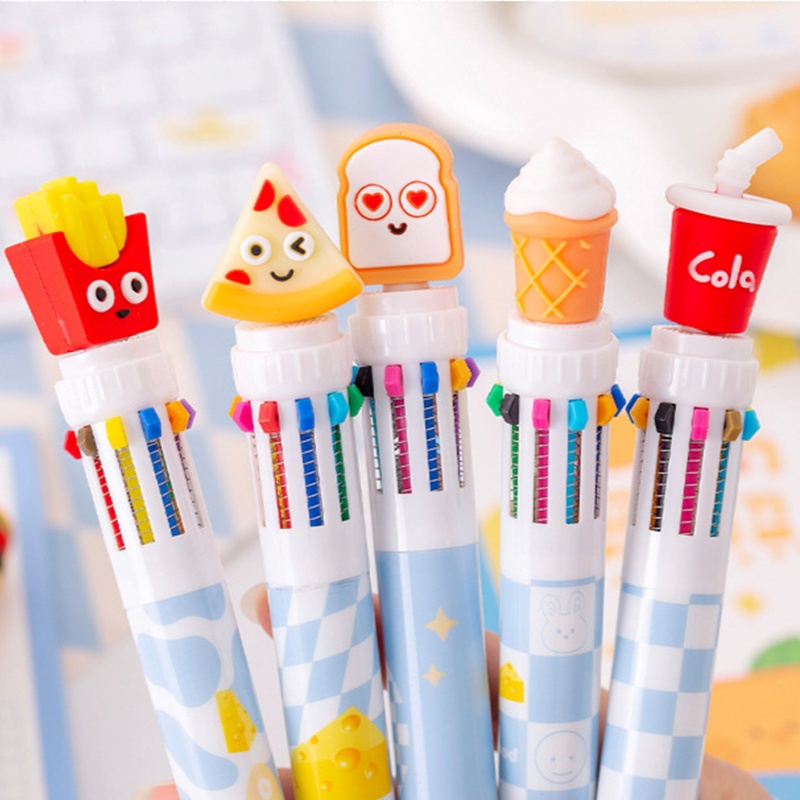 Sepuluh Warna Pulpen Ballpoint Kartun Fast Food Lucu/Pulpen Tulisan Kepala Stereoskopik Silikon Kreatif