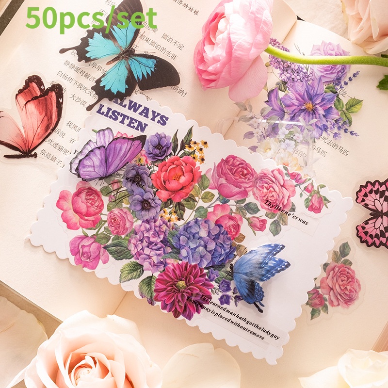 50pcs/set Seri Kupu-Kupu Gaya Artistik Stiker Bunga Diy Akun Tangan Bahan Dekoratif Stiker