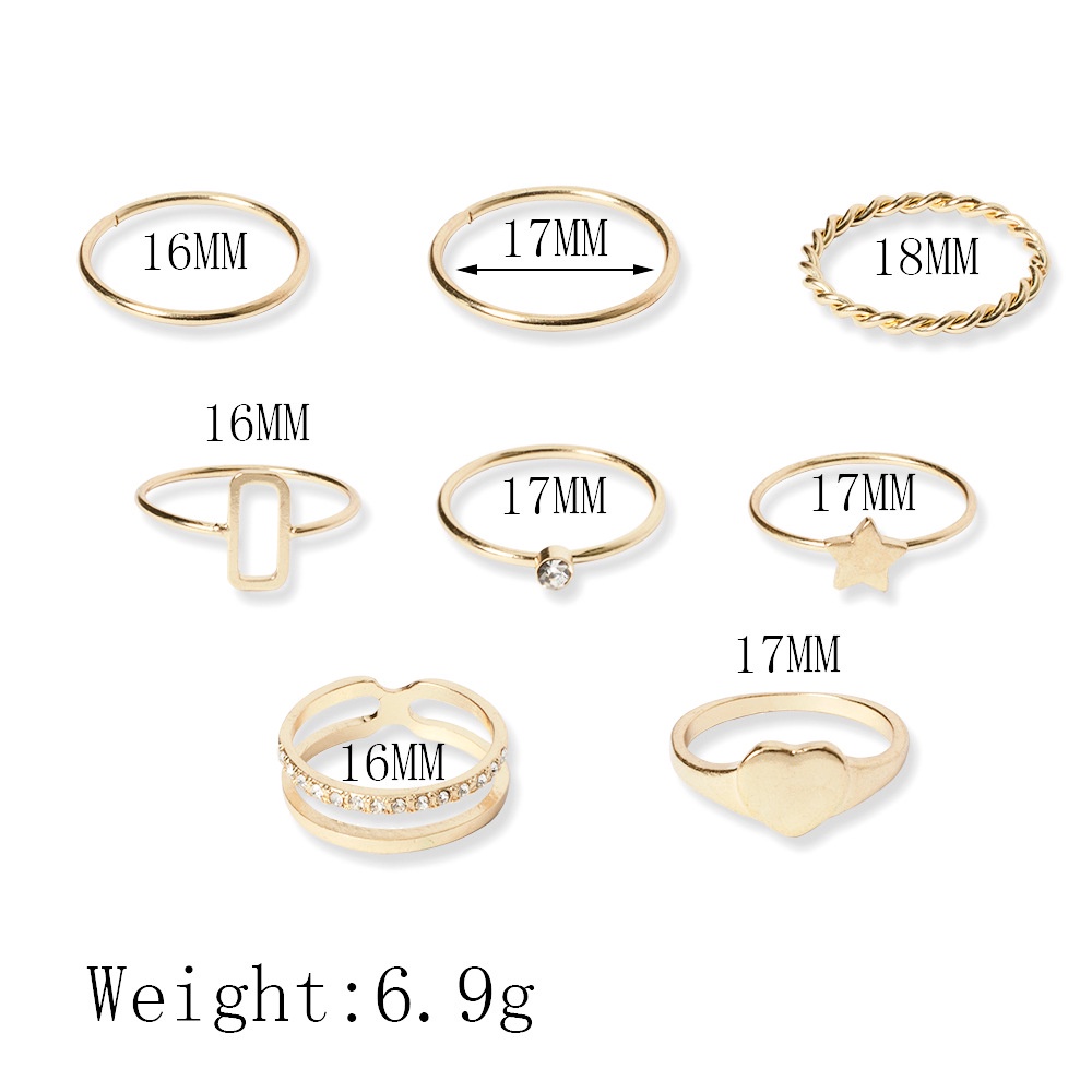 Ins Sangat Sederhana Gaya Cinta Sederhana Pentagram Cincin Geometri Adonan Goreng Pola Memutar Bertatahkan Berlian 8-piece Ring Set