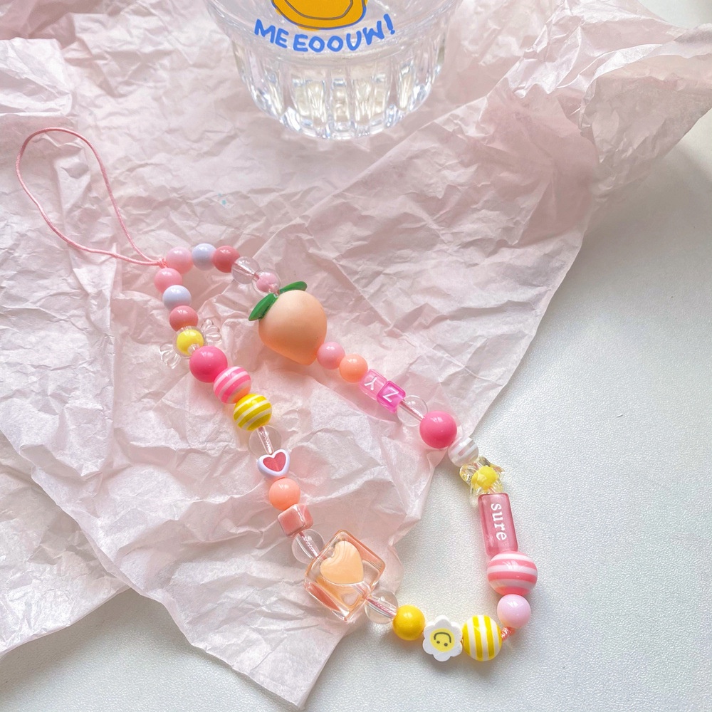 Ins Lucu Peach Rantai Ponsel Anti Hilang Lembut Tembikar Tali Tali Tali Lanyard Manik-Manik Akrilik Warna-Warni Kasus Ponsel Kabel Gantung