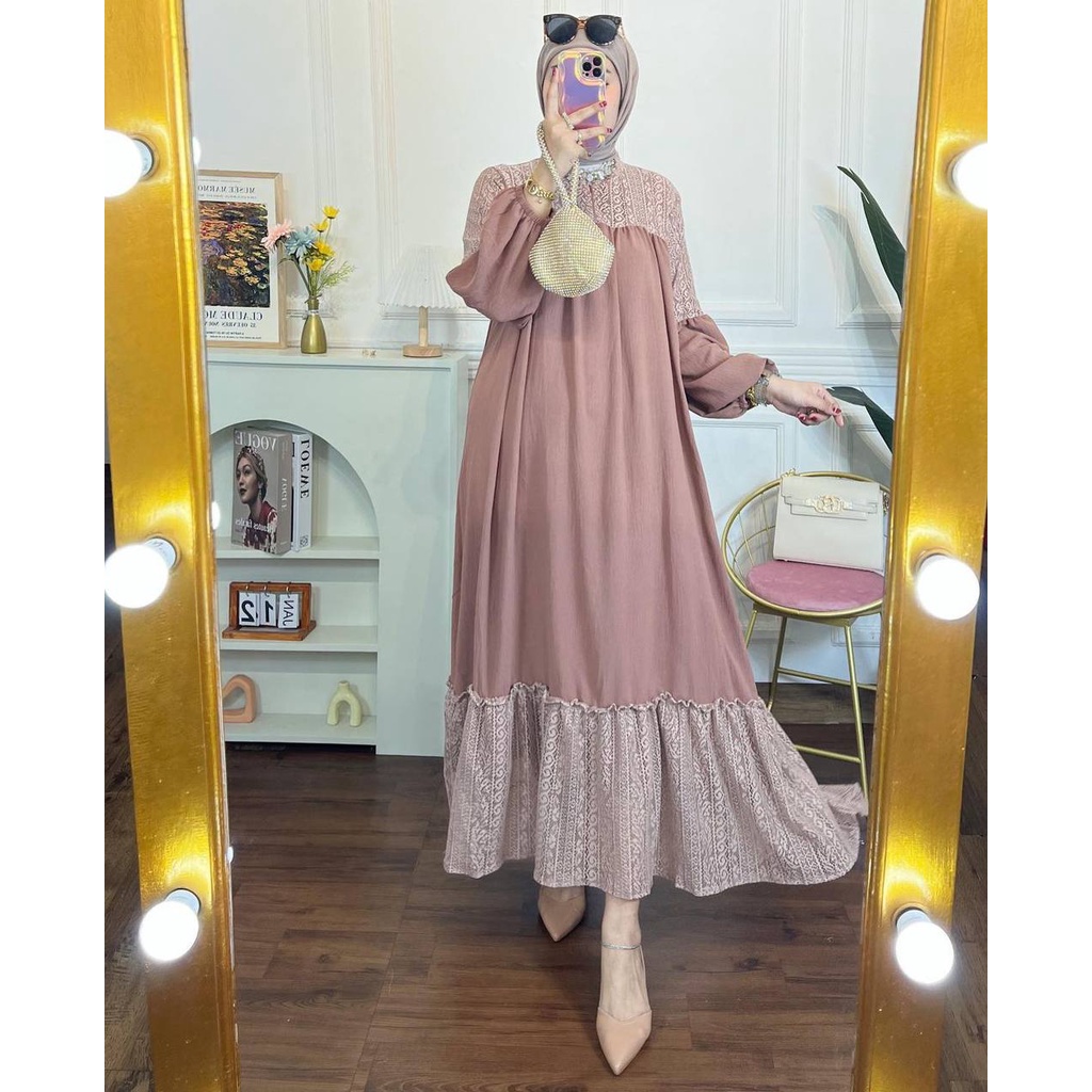 Malika Dress Wanita Crinkle Airflow  Premium Kombinasi Brukat Gamis Terbaru Lengan Balon Karet Ruffle Baju Muslim Jumbo Lengan Manset Kekinian LD 110 cm