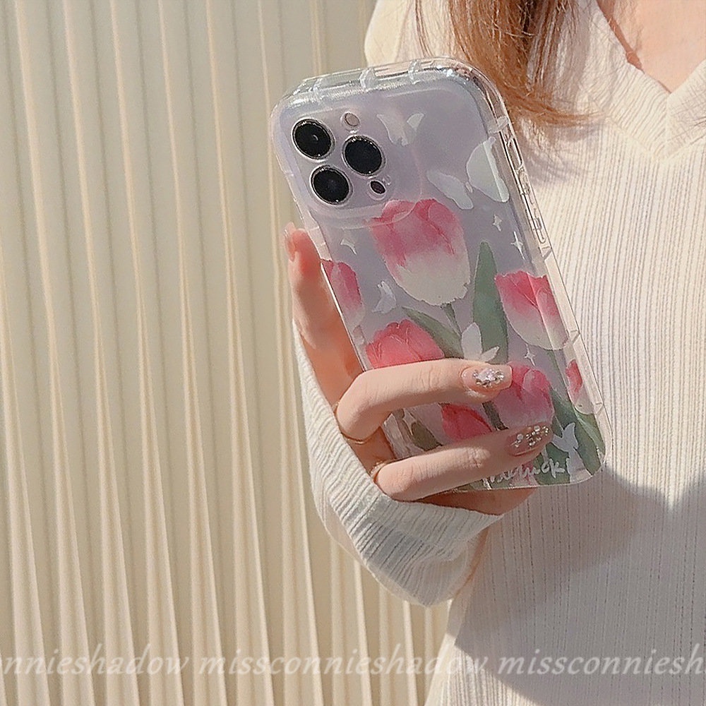 IPHONE Fashion Ins Korea Lukisan Minyak Tulip Case Kompatibel Untuk Iphone11 13 12 14 Pro Max 7Plus 8Plus XR 6 6s 8 7 Plus X XS Max SE 2020 Fresh Spring Flowers Shockproof Airbag Soft Cover