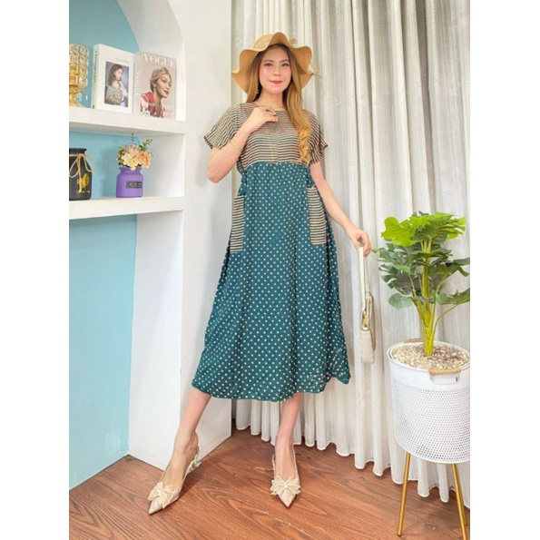 Dress Chibi Rayon wanita Dewasa lengan pendek motif polka busui terbaru