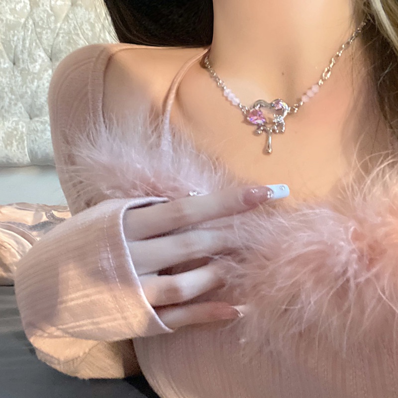 Kalung Liontin Hati Zircon Pink Manis Choker Rantai Silver Untuk Aksesoris Perhiasan Wanita