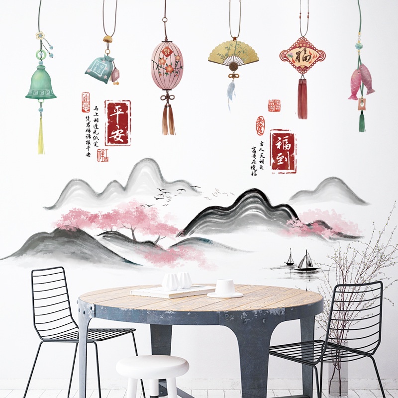 Gaya Cina Cina Simpul Latar Belakang Yang Dapat Dilepas Stiker Dinding Restoran Ruang Tamu Tahan Air Self-adhesive Landscape Wallpaper