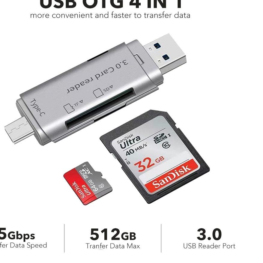 ♪ 4 in 1 Card Reader USB 3.0 Type C / SD Kartu / TF Memory Card Read OTG Adapter ❅