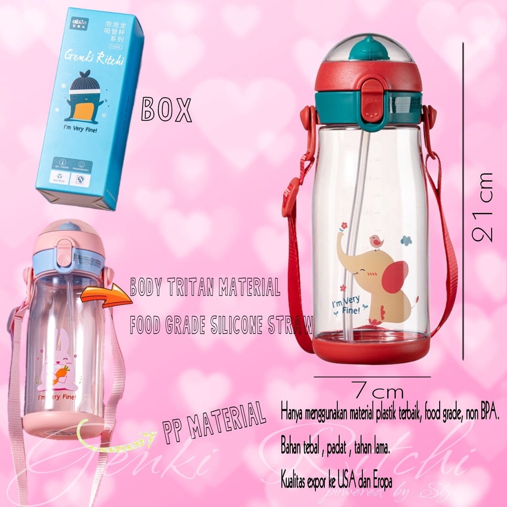 BOTOL MINUM TRITAN BPA FREE BUBBLE POP 550ML DENGAN SEDOTAN &amp; TALI