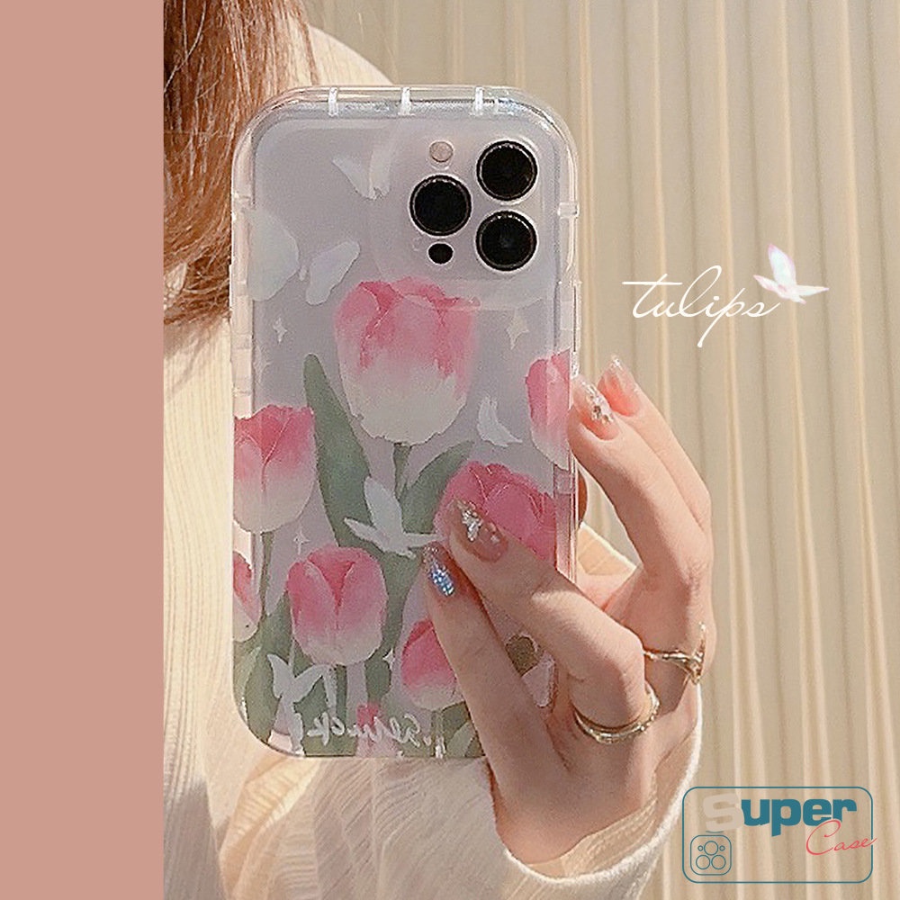 IPHONE Shockproof Airbag Phone Case Kompatibel Untuk Iphone14 13 Pro Max7 8 Plus 11 12 Pro MAX XR X6 6S PlusX XS MAX Fashion Segar Musim Semi Bunga Tulip Kupu-Kupu Soft TPU Case