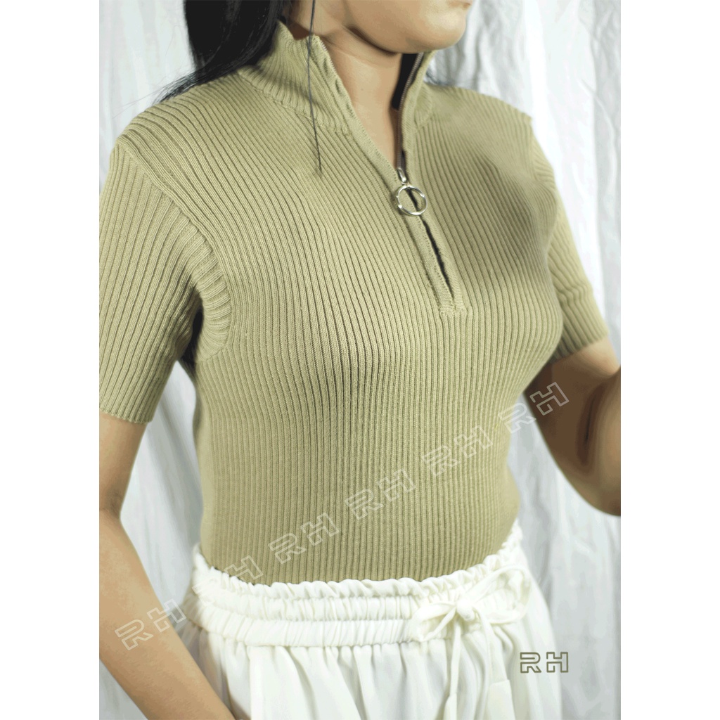 RH - baju rajut wanita turtleneck resleting zipper salur sweater tangan pendek