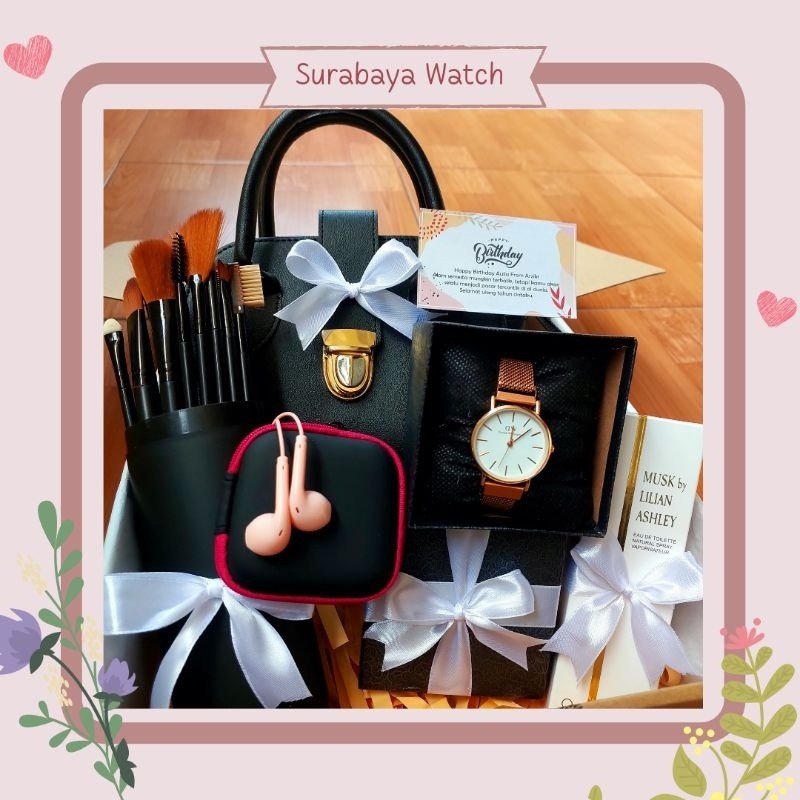 (Paket Slingbag) giftbox hampers cewek jam tangan set alat make up untuk ulang tahun anniversary