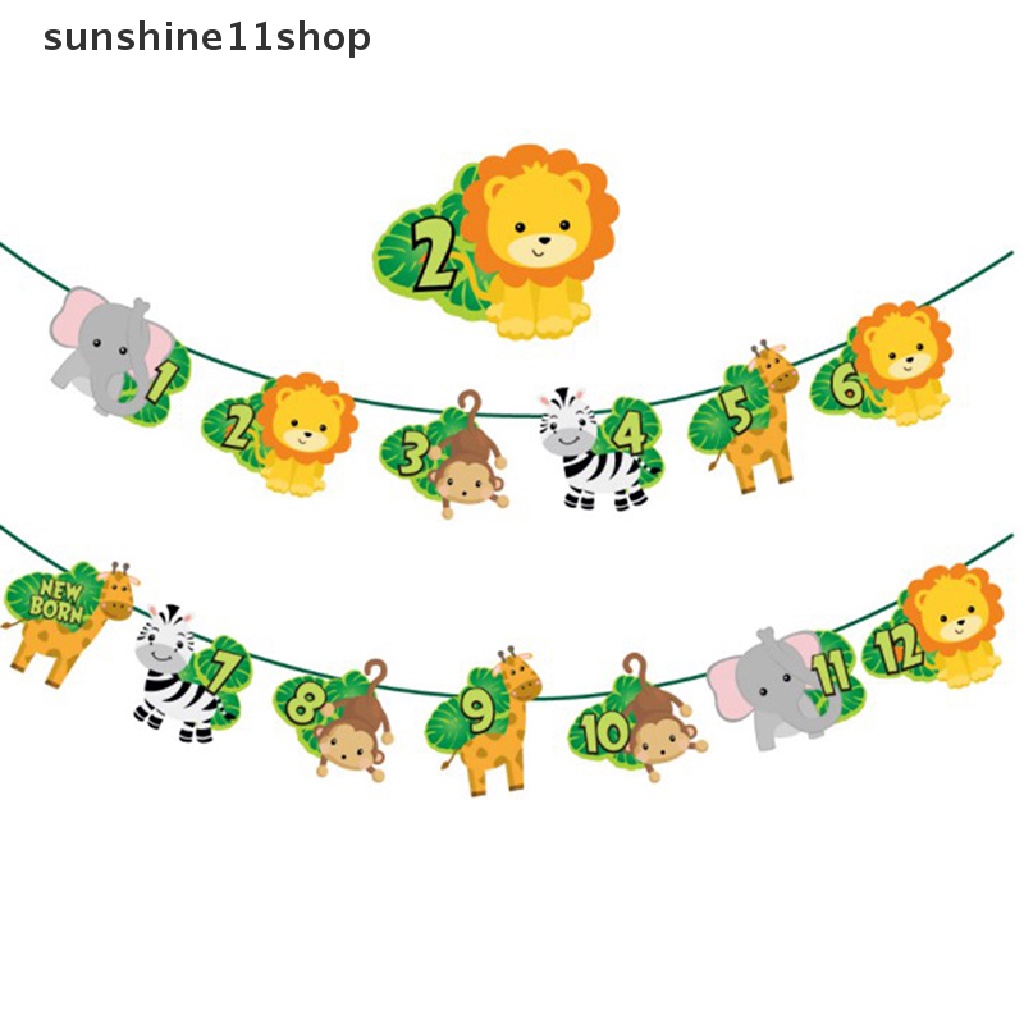 Sho Banner Ulang Tahun Jungle Animal Baby One 1st Birthday Januari Desember Foto Garlands Safari Gajah Singa Pesta Ulang Tahun Pertama N
