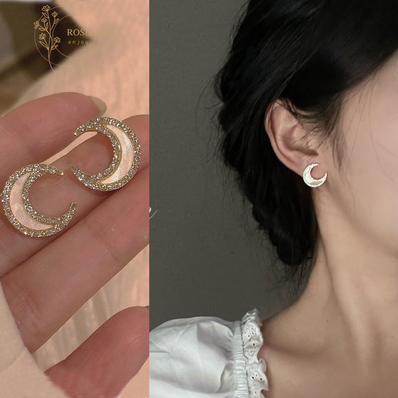 Roselife Korea Besar Emas Kristal Bulan Stud Anting Untuk Wanita Gadis Bulan Sabit Statement Earring Elegan Fashion Perhiasan Telinga 1pasang