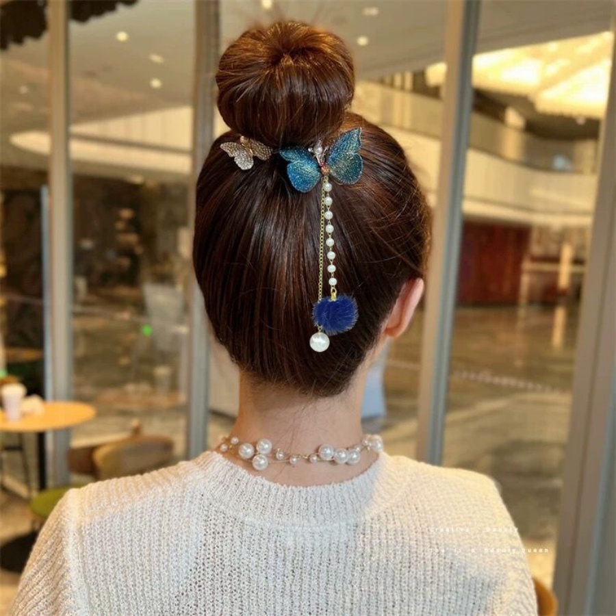 Korea Logam Mutiara Berlian Imitasi Rumbai Jepit Rambut Bunga Kupu-Kupu Kristal Ponytail Clip Woman Aksesoris Rambut