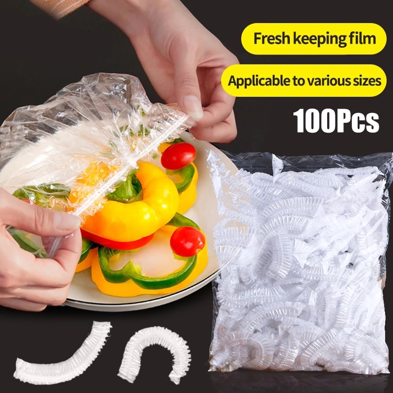 100 Pcs Disposable Food Cover Bungkus Plastik Elastis Mangkuk Piring Tahan Debu Tutup Dapur Kulkas Makanan Segar Menjaga Saver Bag Buah Sayuran Tas Penyimpanan