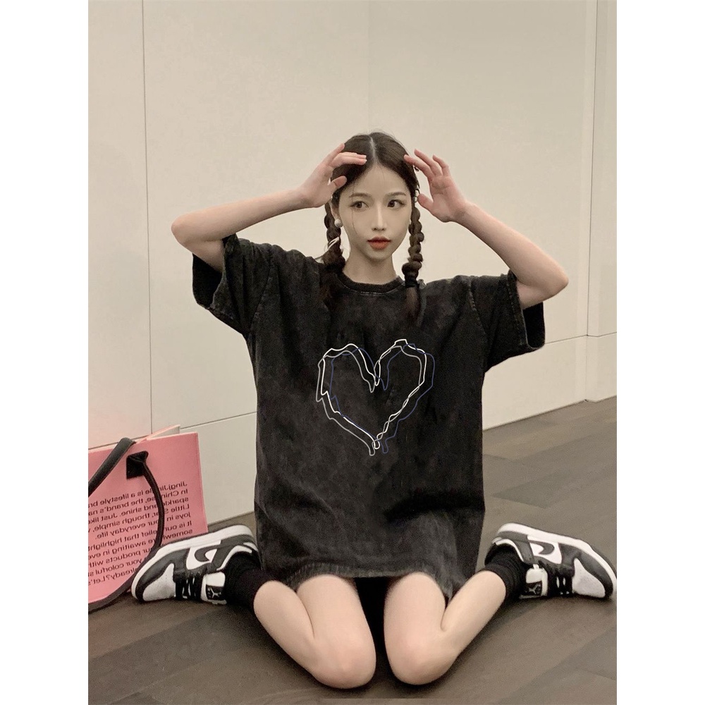 XIAOZHAINV Korean Style Heart Pattern Washed Printing Kaos Wanita