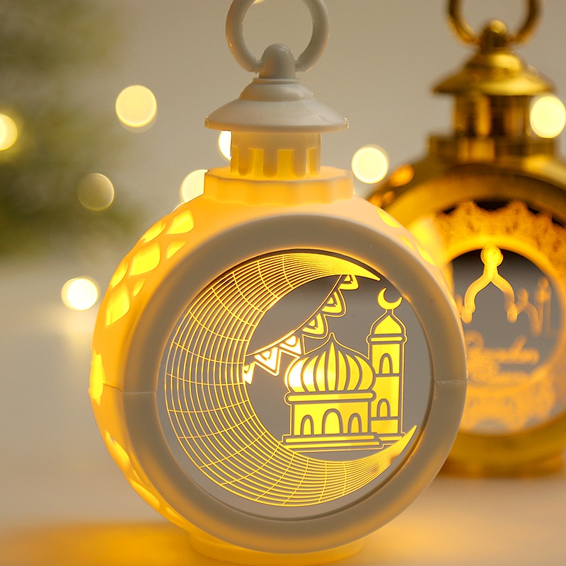 Exquisite Eid Battery Powered Openwork Plastic Lantern / Ramadan LED Glowing Decorative Night Light / Home Muslim Festive Hanging Lamp