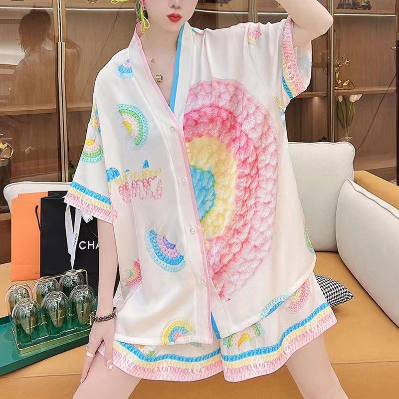 Piyama Angin Manis/Cetak Pendek Derel Cetak Kapel Cardigan Pakaian Rumah