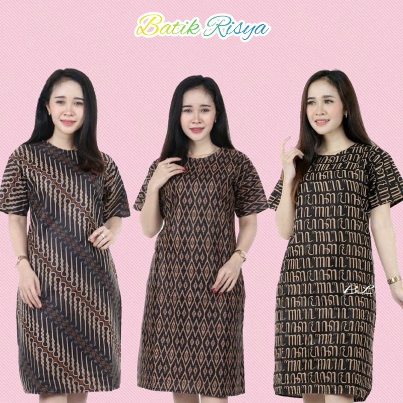 BAJU SIZE JUMBO DRESS BATIK WANITA JUMBO XXXXL / 4L LENGAN PENDEK MOTIF AKSARA JAWA HITAM