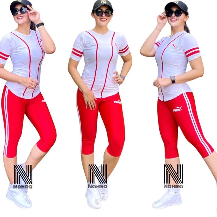 MENARIK Setelan Baju Senam Olahraga Baseball Putih Merah / Baju Senam Aerobik Fitness Zumba Cycling 