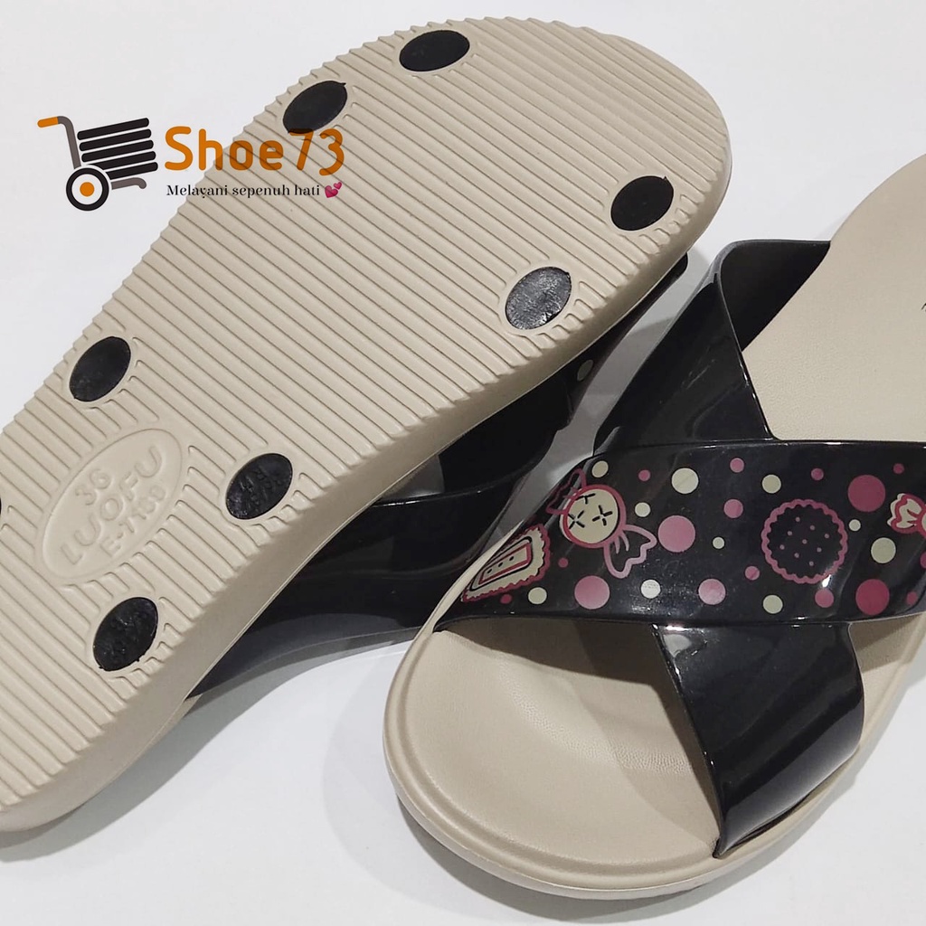 LUOFU E 7189 SM-B65 SIZE 36-40 ORIGINAL l Sandal Selop silang MOTIF jelly wanita l Sendal kokop cewek impor