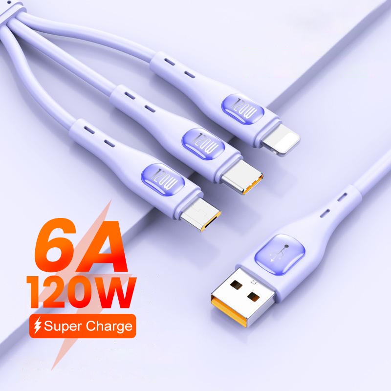 120w 6A 3in1 Silikon Super Fast Charging Cable Micro USB Type-C Fast Charger Micro USB Type-C Kabel Data