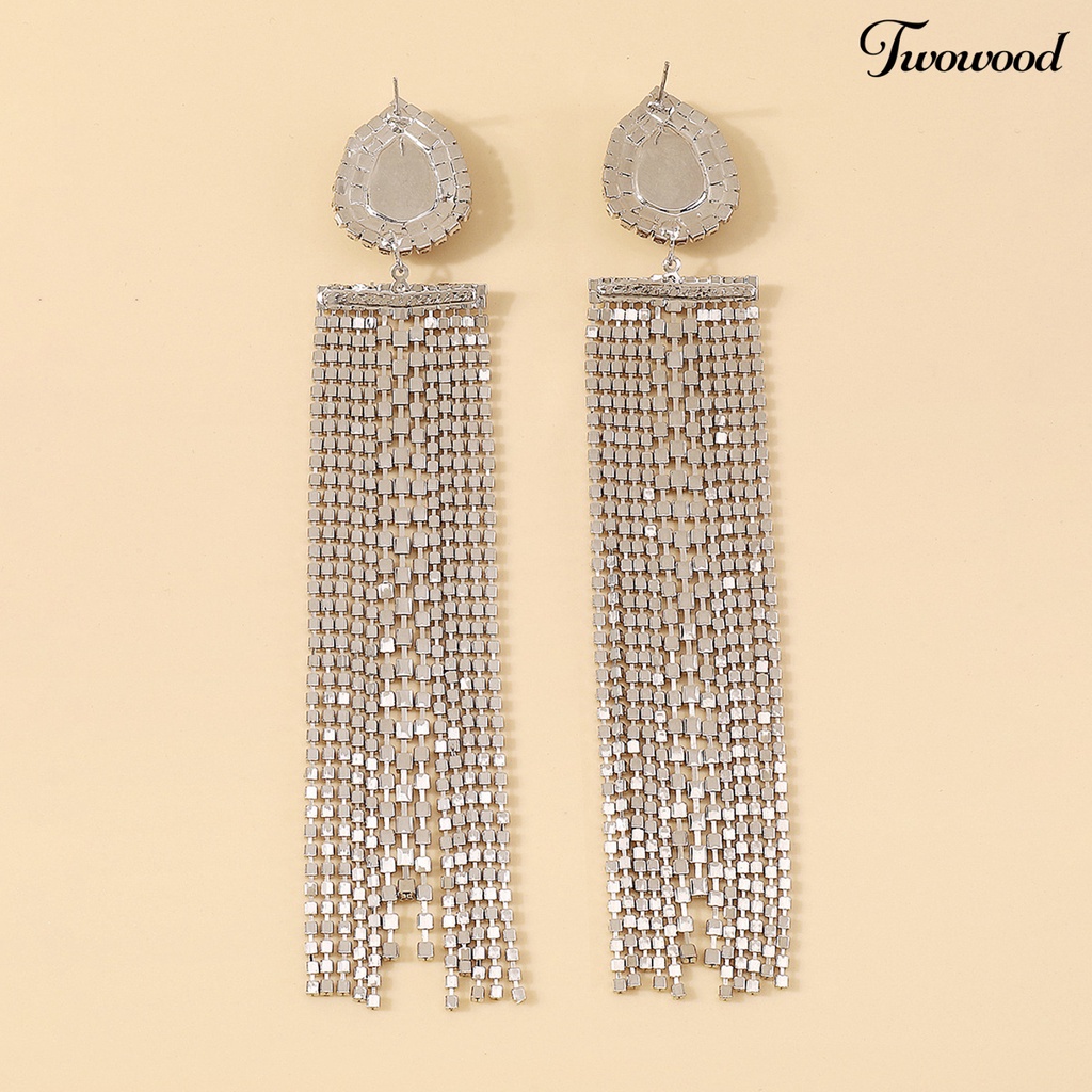 Twowood 1pasang Drop Anting Berlebihan Oversize Geometris Temperamen Hias Berdandan Elegan Tetesan Air Panjang Rumbai Kristal Imitasi Anting Perhiasan Fashion