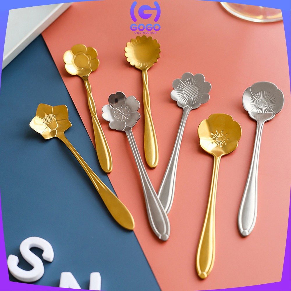 GOGO-C766 Sendok Korea Teh Kopi Kecil Stainless Steel Motif Love Elegant Warna Gold / Sendok Bunga Emas Spoon Dessert Import