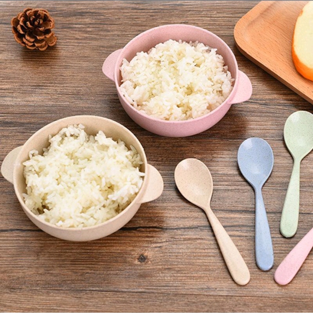 MANGKOK DAN SENDOK ANAK / MANGKOK MAKAN MINI + SENDOK / MANGKOK MAKAN TEBAL BPA FREE / SET MANGKUK MAKAN BAYI BAHAN JERAMI / WHEAT STRAW BOWL + SPOON / PERLENGKAPAN MAKAN ANAK BAYI (IP)