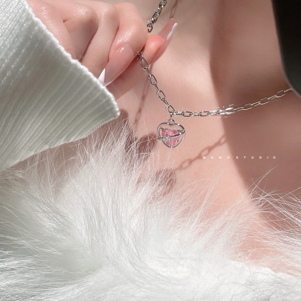 Kalung Liontin Cupid Kristal Pink Manis Berongga Jantung Salib Rantai Perak Choker Untuk Aksesoris Perhiasan Wanita