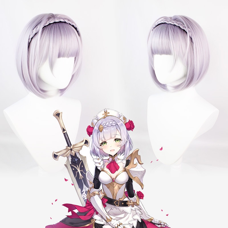 Genshin Karakter Noelle cos Wig Ungu Kepang Rambut Pendek cosplay Anime Tutup Kepala