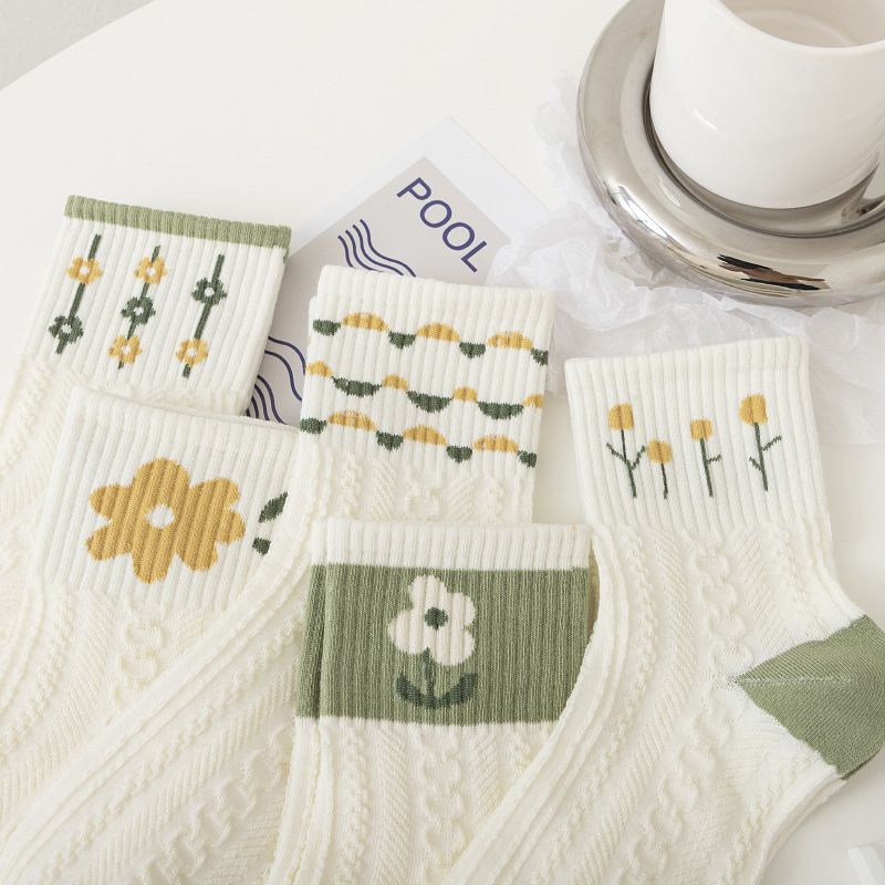 [littlecrab] Kaos Kaki Knit Hijau Bunga Daun Base Putih Cream Import Sock High Quality Cute Soft Green Korean Style