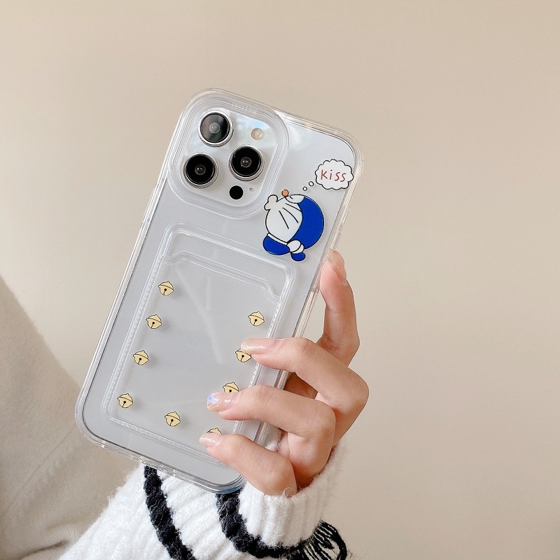 IPHONE Case Pelindung Transparan Desain Lengan Kartu 3in1 Untuk Iphone14 13 12 11 Pro Max X XR XS Max7 8 Plus Kartun Doraemon Kitty