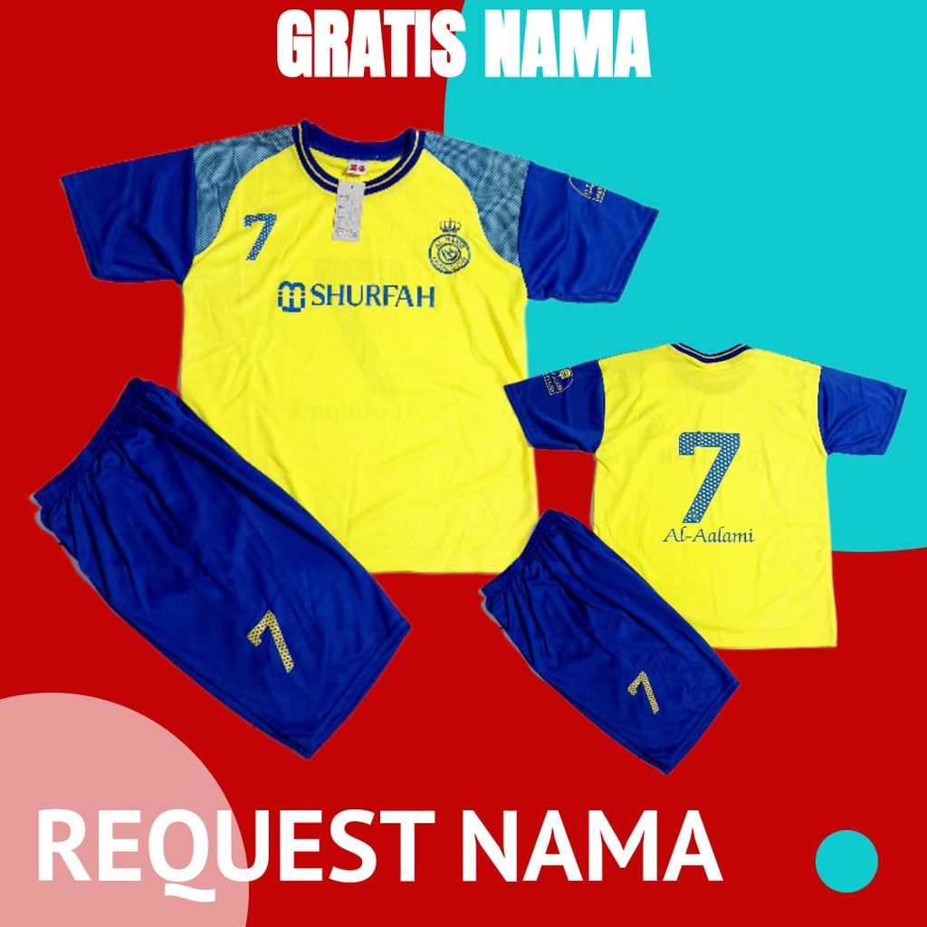 setelan baju bola ronaldo al nasrr shurfah usia 5-12thn bisa sablon nama