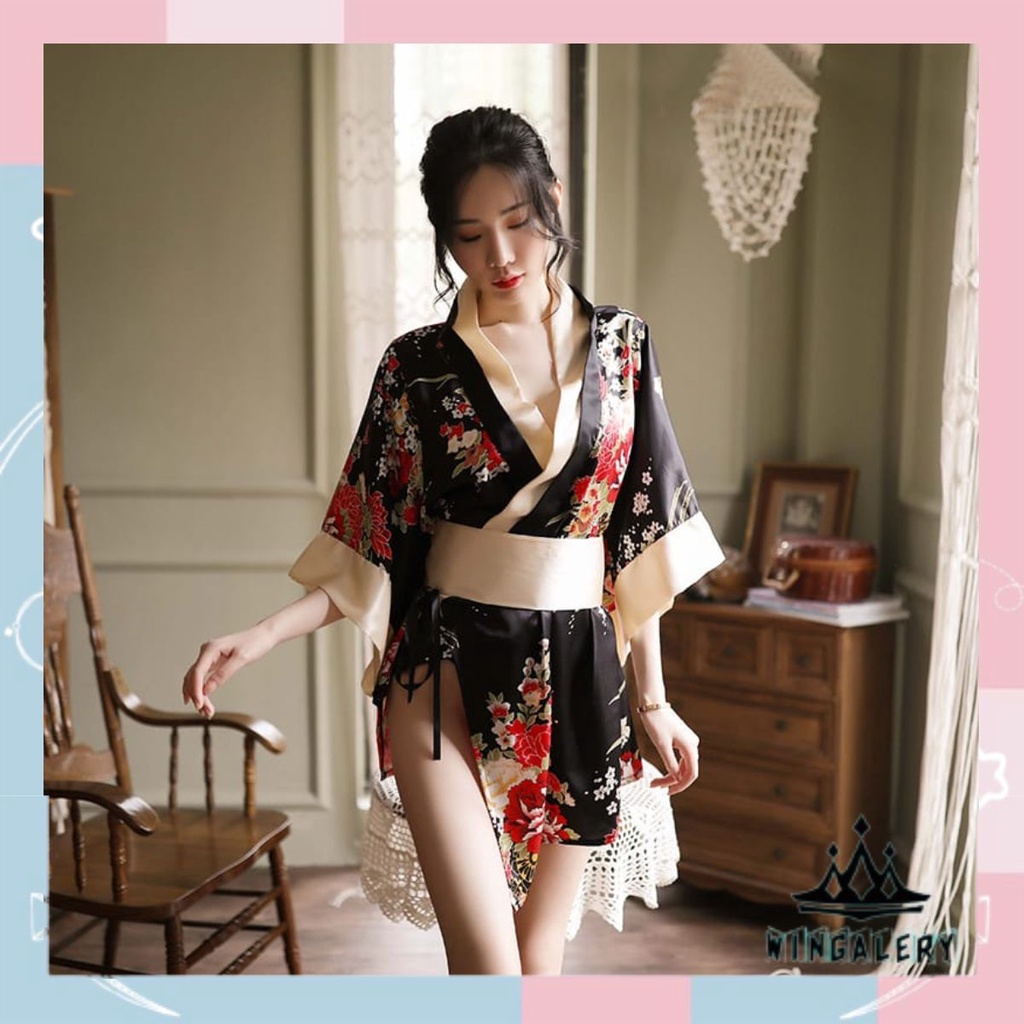 WINGALERY Kimono Jepang Cosplay Lingerie Bahan Satin Motif Bunga 3080