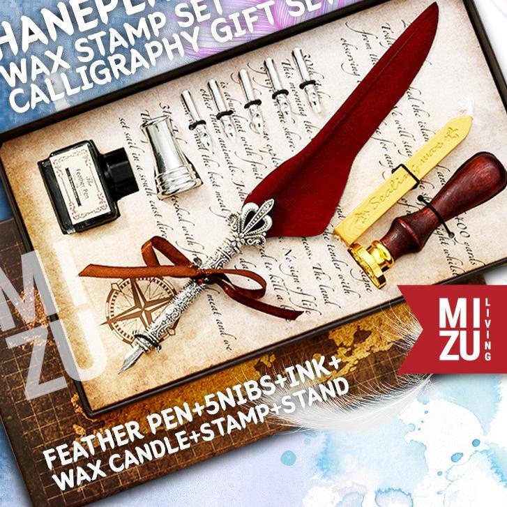 

Ready Stok MIZU HANEPEN WAX SEAL Calligraphy Set Feather Quill Dip Pen Bulu 6 Nibs Ink Tinta Lilin Stempel
