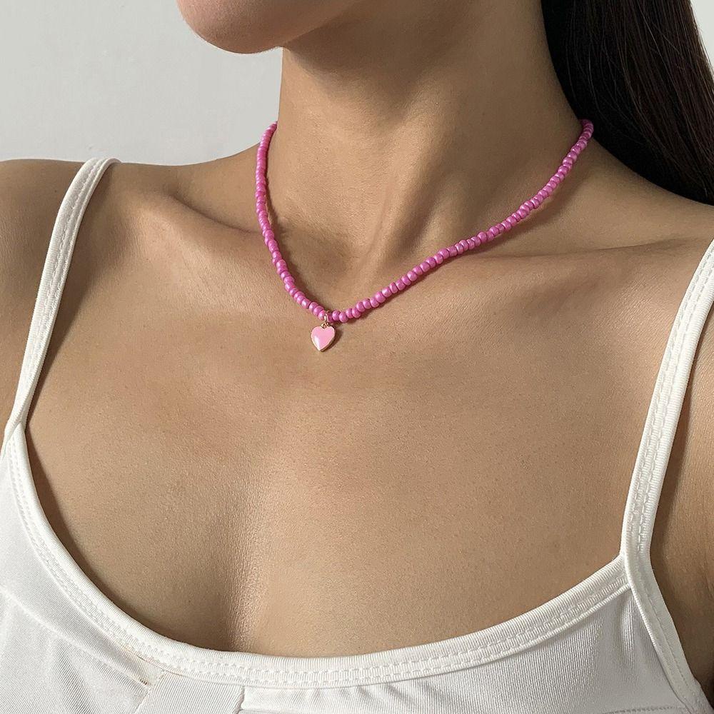 MXBEAUTY Kalung Wanita Trendi Warna-Warni Sederhana Rantai Klavikula Manik Padi Desain Niche Hadiah Gadis Liontin Hati Sweater Rantai