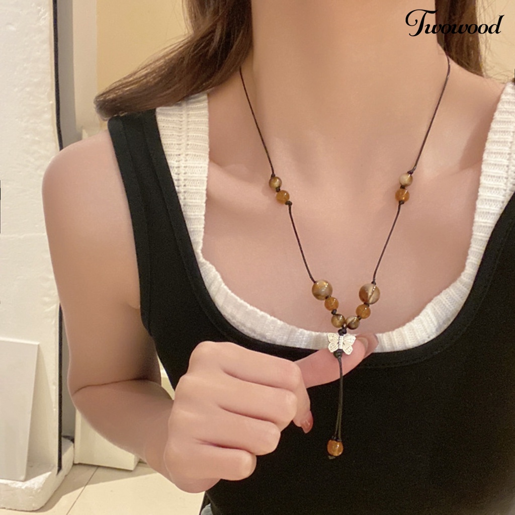 Twowood Wanita Kalung Vintage Etnik Gaya Cina Kupu-Kupu Liontin Gaun Panjang Buatan Tangan Wanita Pesona Manik-Manik Kalung Perhiasan Hadiah