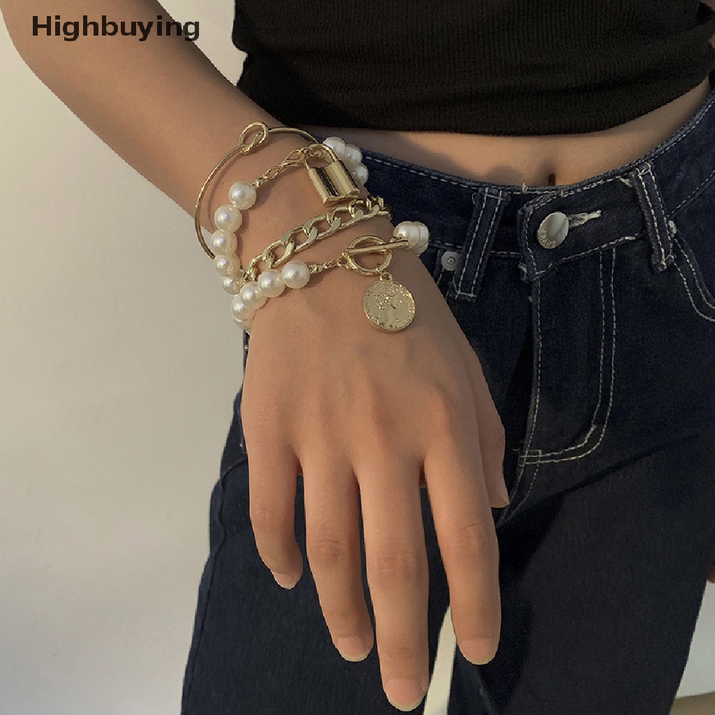 Hbid 4pcs Bohemian Multilayer Rumbai Mutiara Gelang Untuk Wanita Geometris Bulat Koin Manik-Manik Kunci Tangan Rantai Pesona Gelang Set Perhiasan Hadiah Glory