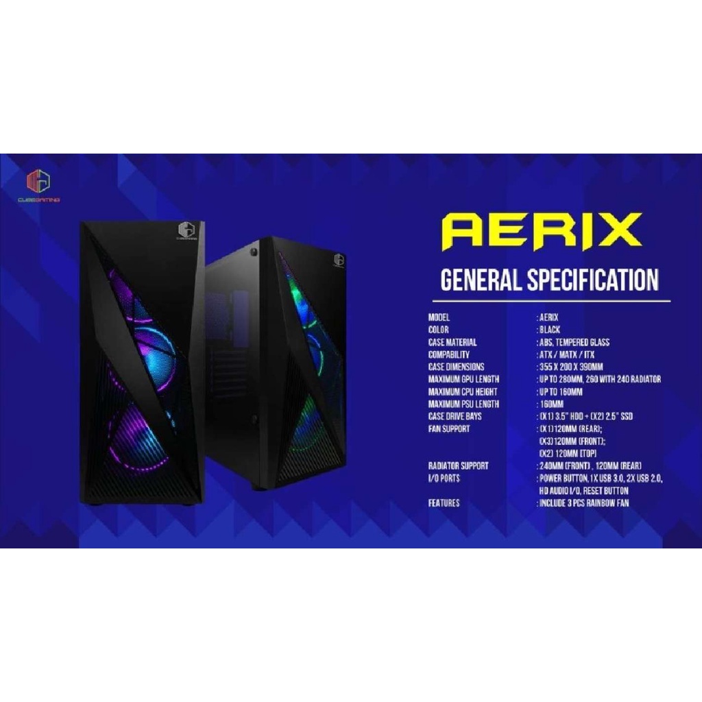 CUBE GAMING AERIX - ATX - LEFT SIDE TEMPERED GLASS - PSU COVER - DUST FILTER - Free 3PCS 12CM RAINBOW RGB FAN