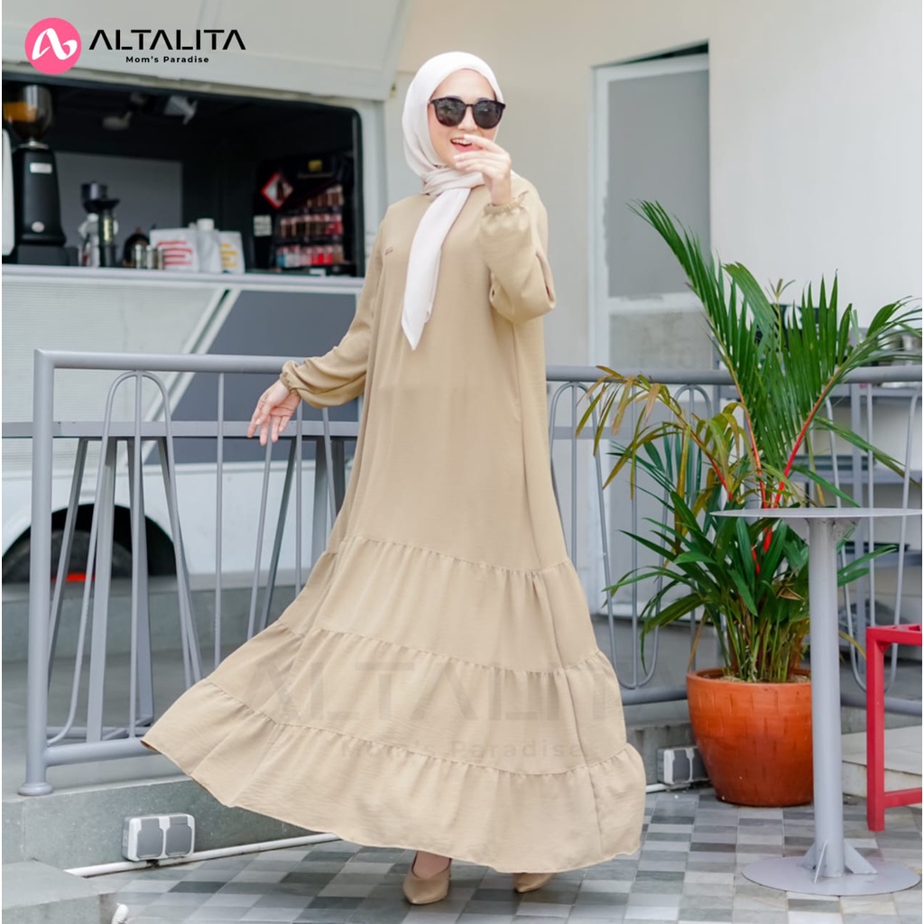 Altalita - Dress Medina Kekinian Lengan Panjang Cringcle Airflow Basic Casual Gamis Wanita Muslimah Busui Polos Premium Lebaran Kondangan Vintage Terbaru