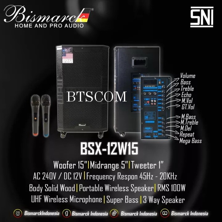 SPEAKER PORTABLE+STAND 15 INCH BISMARCK BSX12-W15 USB BLUETOOTH