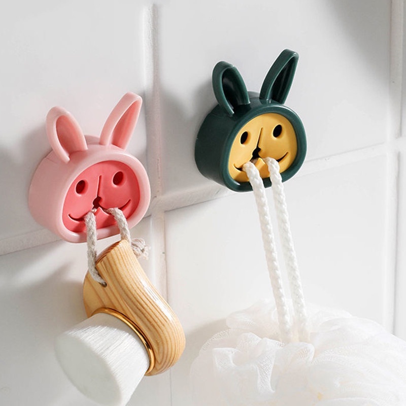 Kamar Mandi Dapur Organizing Gadget Perekat Diri Handuk Tangan Pemegang Tersenyum Berbentuk Kelinci Rak Klip Tahan Air Penyimpanan Perhiasan Kait