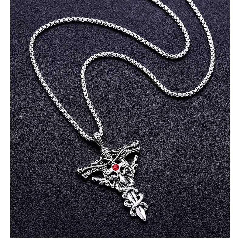 Kalung Rantai Dengan Liontin Pedang Naga Ganda | Kalung Rantai Klavikula Bahan Stainless Steel | Kalung Bahan Titanium Steel