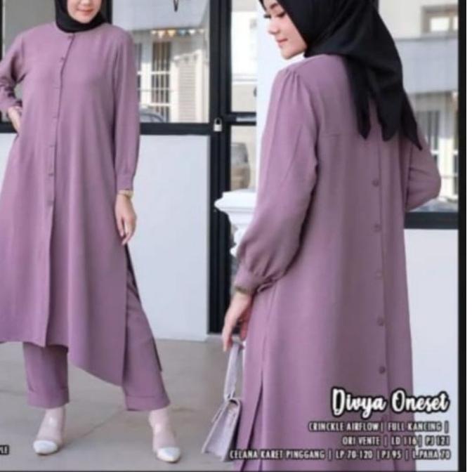 ➽ Stelan Long Tunik Divya Cringkle Kemeja Kancing Depan Belakang/One Set Divya Cringkle Airflow Komb