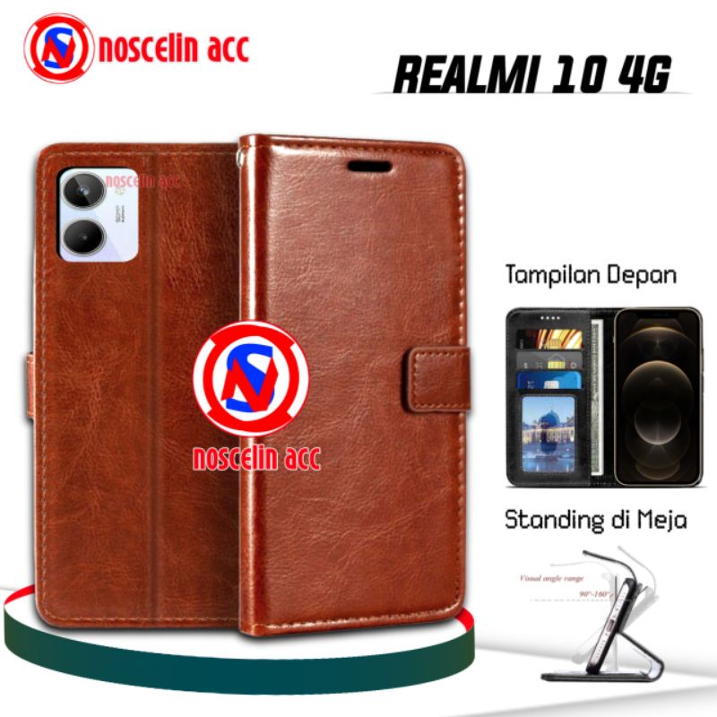 ( NEW ) Leather Case Hp Realme 10 4G terbaru - Flip Cover Wallet Casing for Realme 10 4G Sarung domp