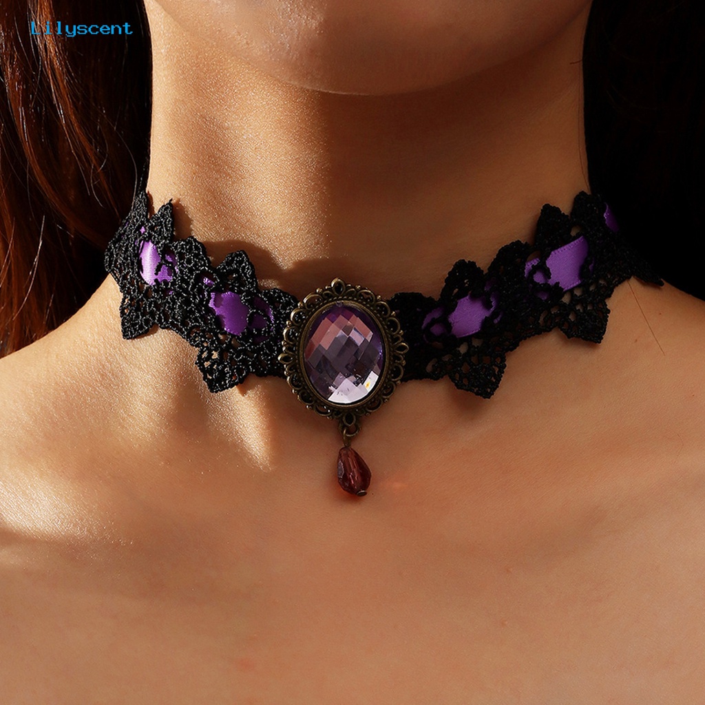 [LS] Wanita Choker Gothic Vintage Braided Aesthetic Dengan Faux Gemstone Dress Up Hadiah Wanita Punk Jahitan Renda Klavikula Kalung Perhiasan Trendi