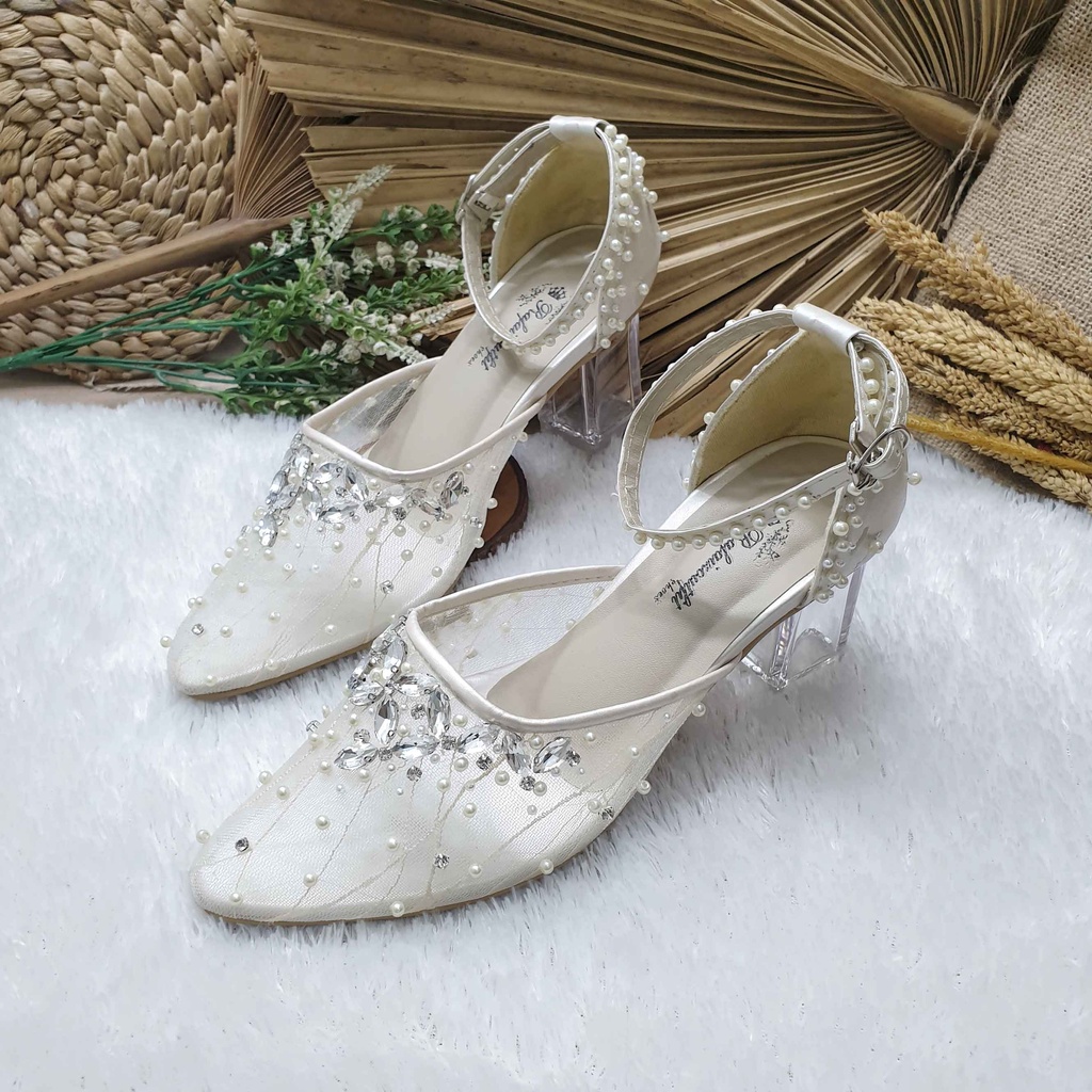 Sepatu wedding pesta cantik Manda broken white 7cm kaca