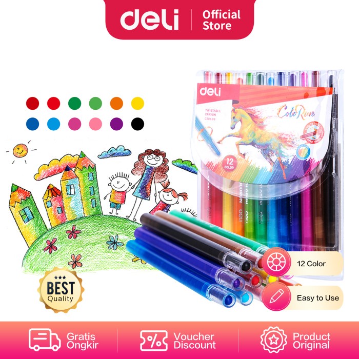 

Terlaris Deli Twistable Crayon 12Colors/Krayon Putar 12Warna Anti Kotor Ec20403