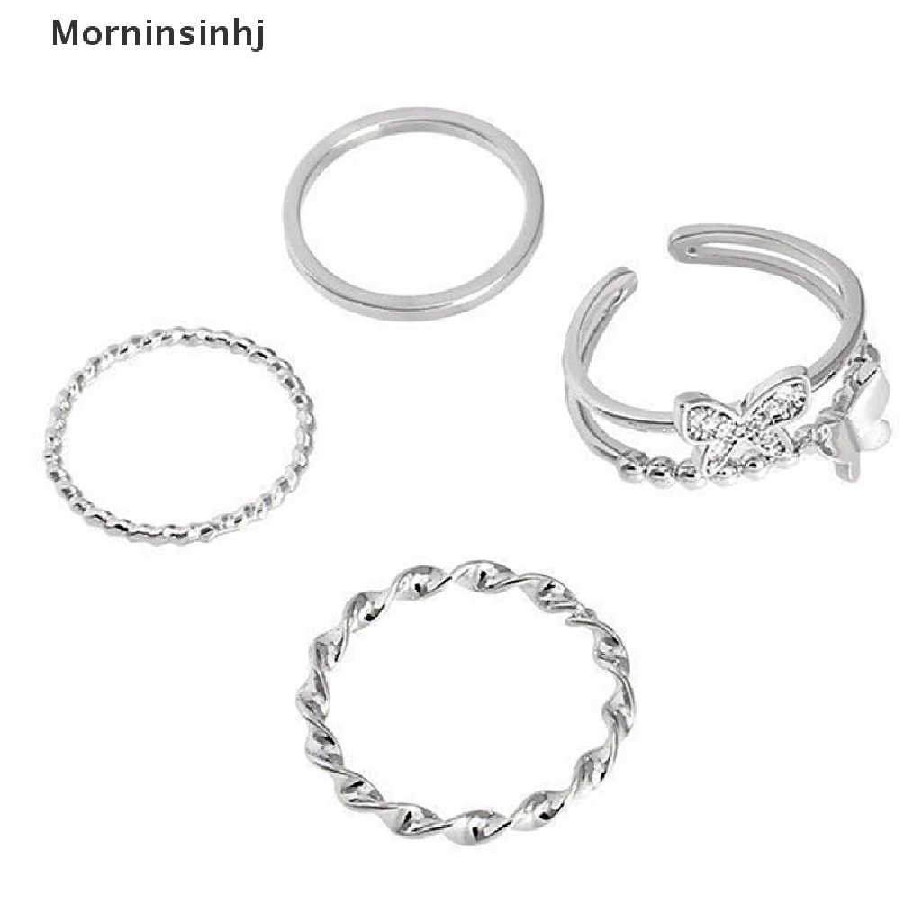 Mornin 3/4/5PCS Butterfly Metal Punk Rings Set Stackable Joint Finger Rings Adjustable Untuk Wanita Pria Perhiasan Jari Pesta Hadiah Aksesoris Perempuan Jari Telunjuk Cincin id